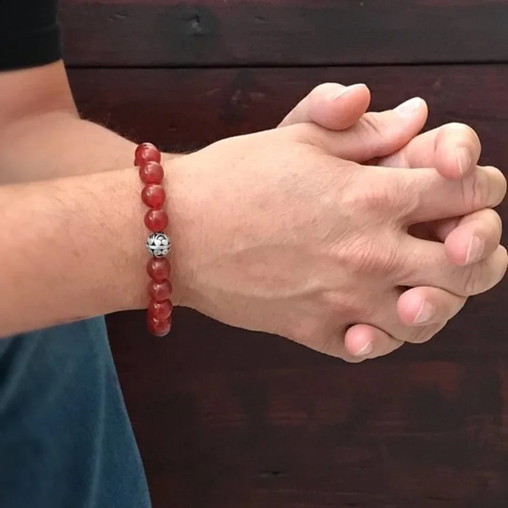 Men's Carnelian Gemstone Stretch Bracelet Sterling Silver Accent - 10mm Beads